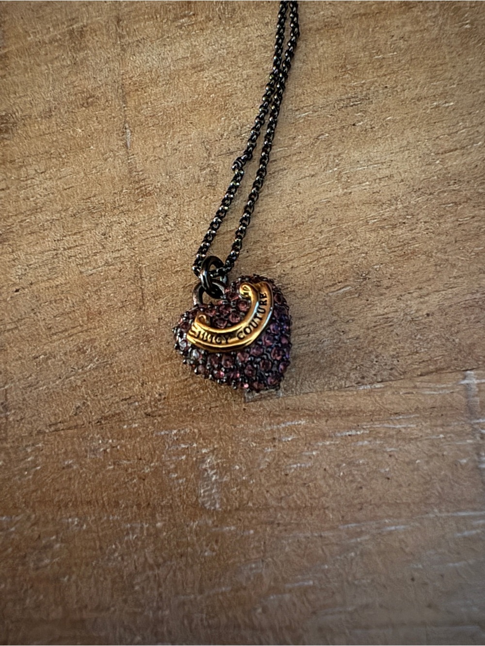Juicy Couture Gold Logo Heart Pendant Necklace with Dark Purple Crystals